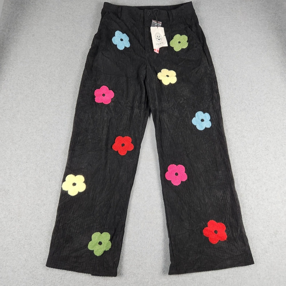 Cider Corduroy Pants Womens M Black Flower Applique High Waist Relaxed Wide Leg